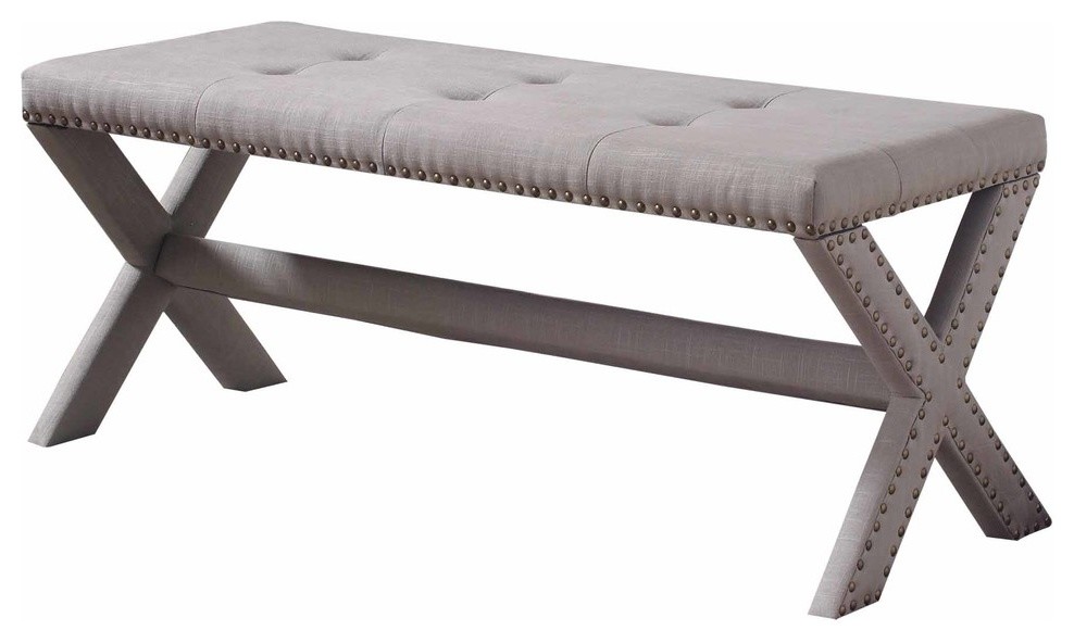 Linen Blend Accent Bench With Champagne Nail Heads, Neutral Gray