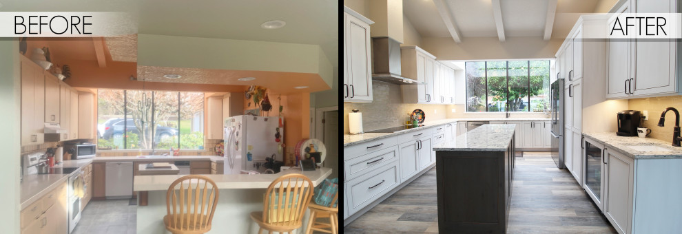 Idéer för mellanstora vintage flerfärgat kök, med en undermonterad diskho, luckor med infälld panel, vita skåp, bänkskiva i kvarts, beige stänkskydd, stänkskydd i tunnelbanekakel, rostfria vitvaror, vinylgolv, en köksö och brunt golv