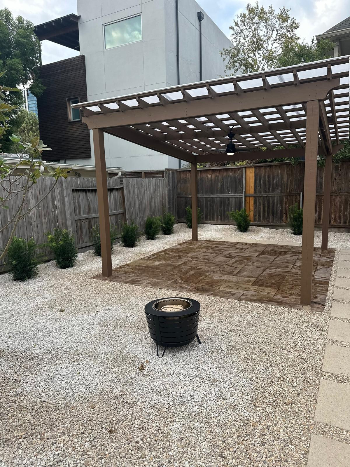 Beautiful stamped concrete patio with Pergola Cover on Haddon st!