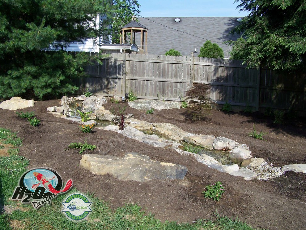 Photo of a large eclectic backyard partial sun garden in Louisville with a water feature and mulch.