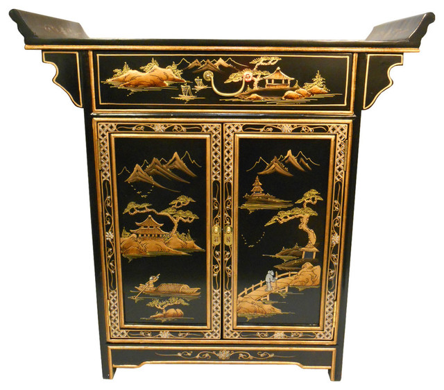 Oriental Altar Cabinet Lacquered Landscape Art Asian Accent