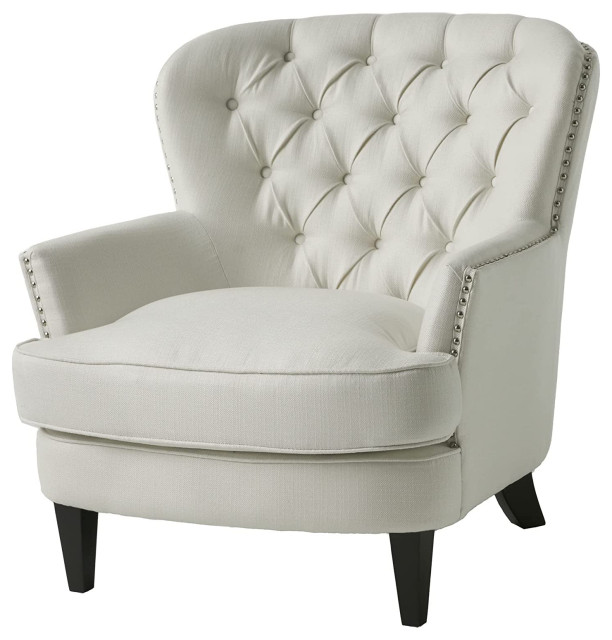 Classic Accent Chair, Birch Wood & Button Tufted Back With Nailhead Trim, Ivory Contemporary