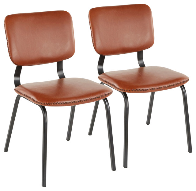 Lumisource Foundry Chair, Cognac PU Leather, Brown Stitching, Set of 2