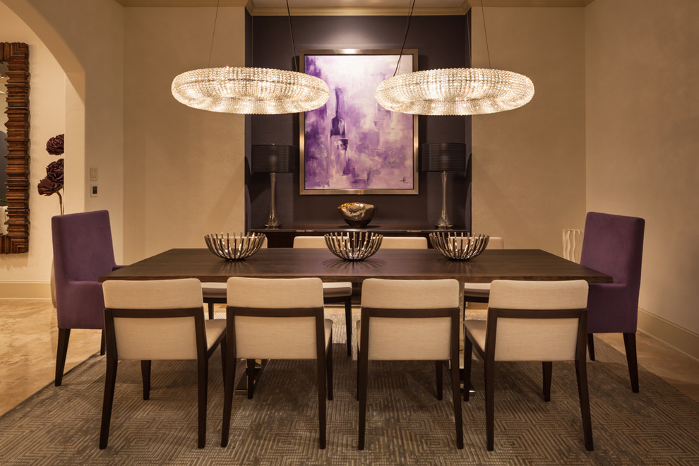 Mid-sized modern dining room in Houston with beige walls and travertine floors.