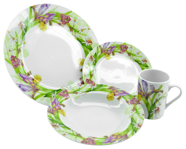 Fine Porcelain 16Piece Multi Color Flowing Spring Design Dinnerware