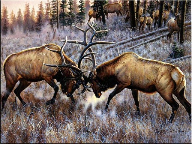 Tile Mural, The Elk Square Off by Cynthie Fisher