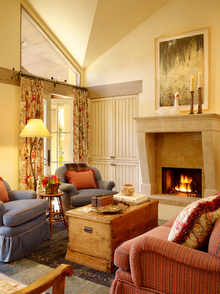 Design ideas for an expansive country living room in San Francisco with beige walls and a stone fireplace surround.