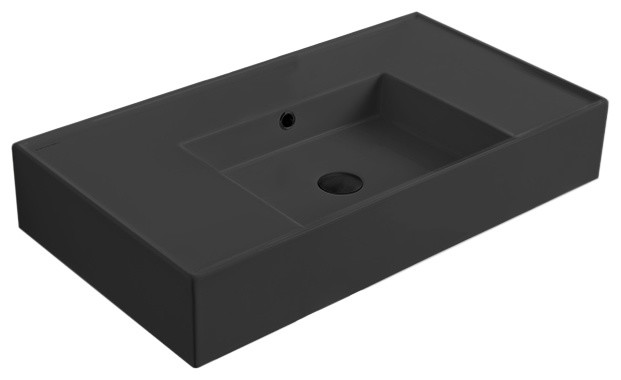 Matte Black Ceramic Wall Mounted or Vessel Sink With Counter Space, No Hole