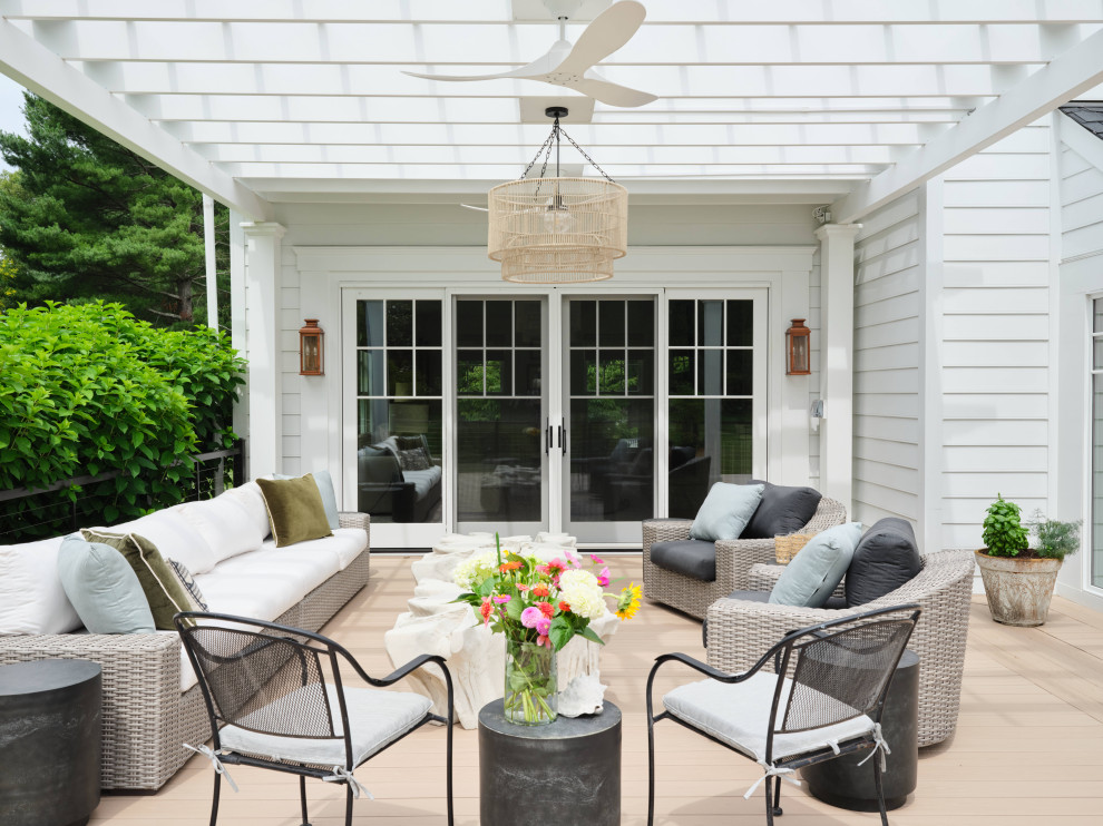 Inspiration for a large timeless backyard ground level cable railing deck remodel in DC Metro with a bbq area and a pergola