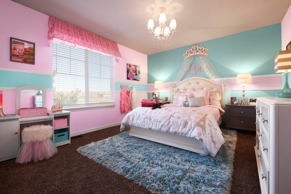 Mid-sized contemporary kids' bedroom in Denver with pink walls, carpet and beige floor for kids 4-10 years old and girls.