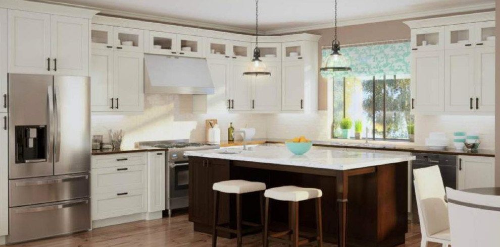 Inspiration for a mid-sized transitional l-shaped open concept kitchen remodel with shaker cabinets, white cabinets, quartz countertops, white backsplash, ceramic backsplash, stainless steel appliances, an island and white countertops