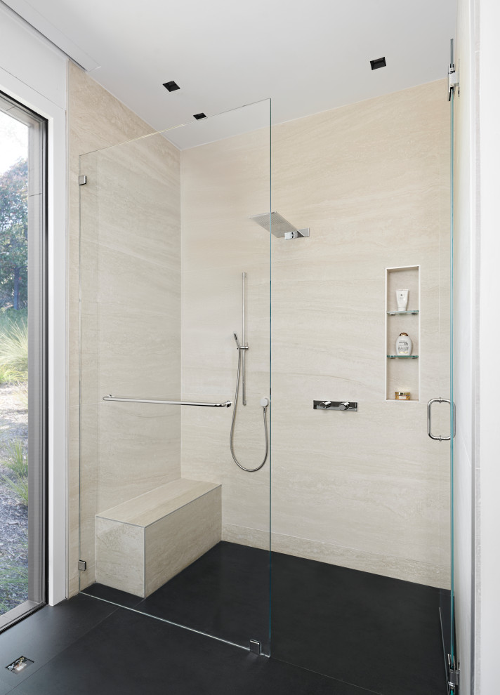 Design ideas for a mid-sized contemporary master bathroom in San Francisco with flat-panel cabinets, grey cabinets, a curbless shower, a one-piece toilet, brown tile, wood-look tile, beige walls, ceramic floors, an integrated sink, engineered quartz benchtops, black floor, a hinged shower door, black benchtops, a double vanity and a floating vanity.