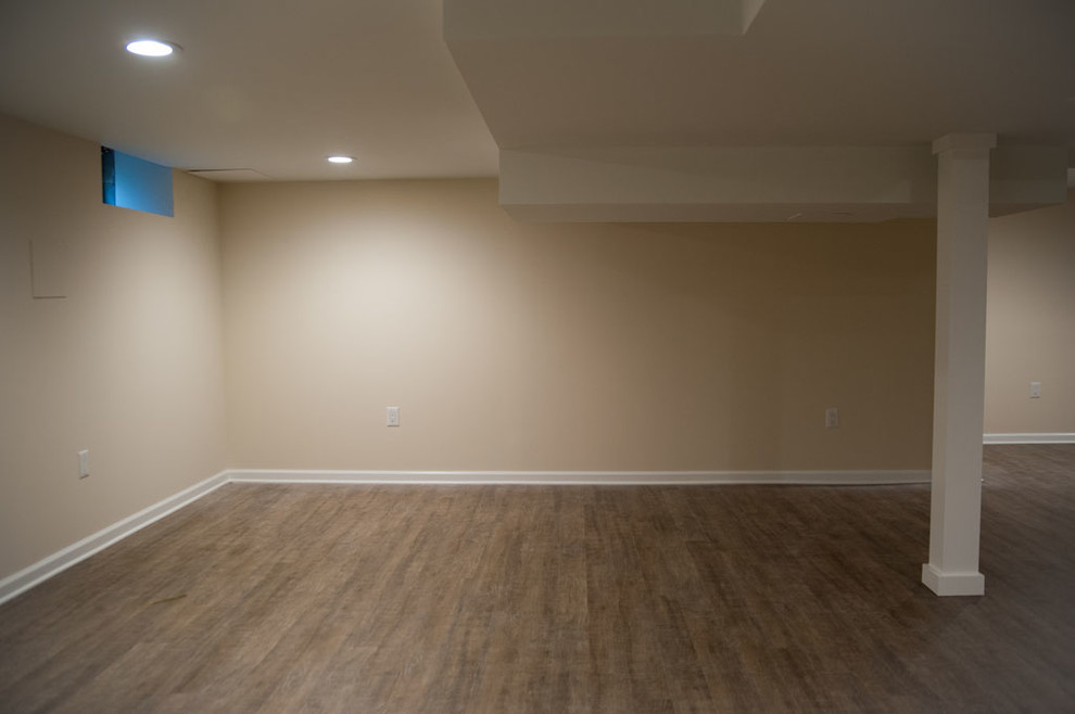 Photo of a mid-sized transitional fully buried basement in New York with beige walls, no fireplace and medium hardwood floors.