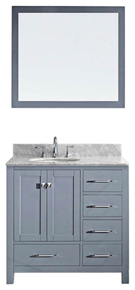 Caroline Avenue 36"SG Vanity Gray, Marble Top, Round Sink, Chrome Faucet, Mirror