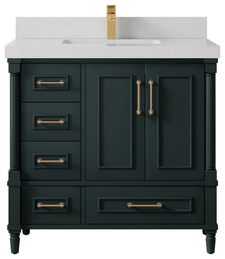 Aberdeen 36 Center Sink Bath Vanity in Dark Forest Green 2" Carrara Quartz - Transitional ...