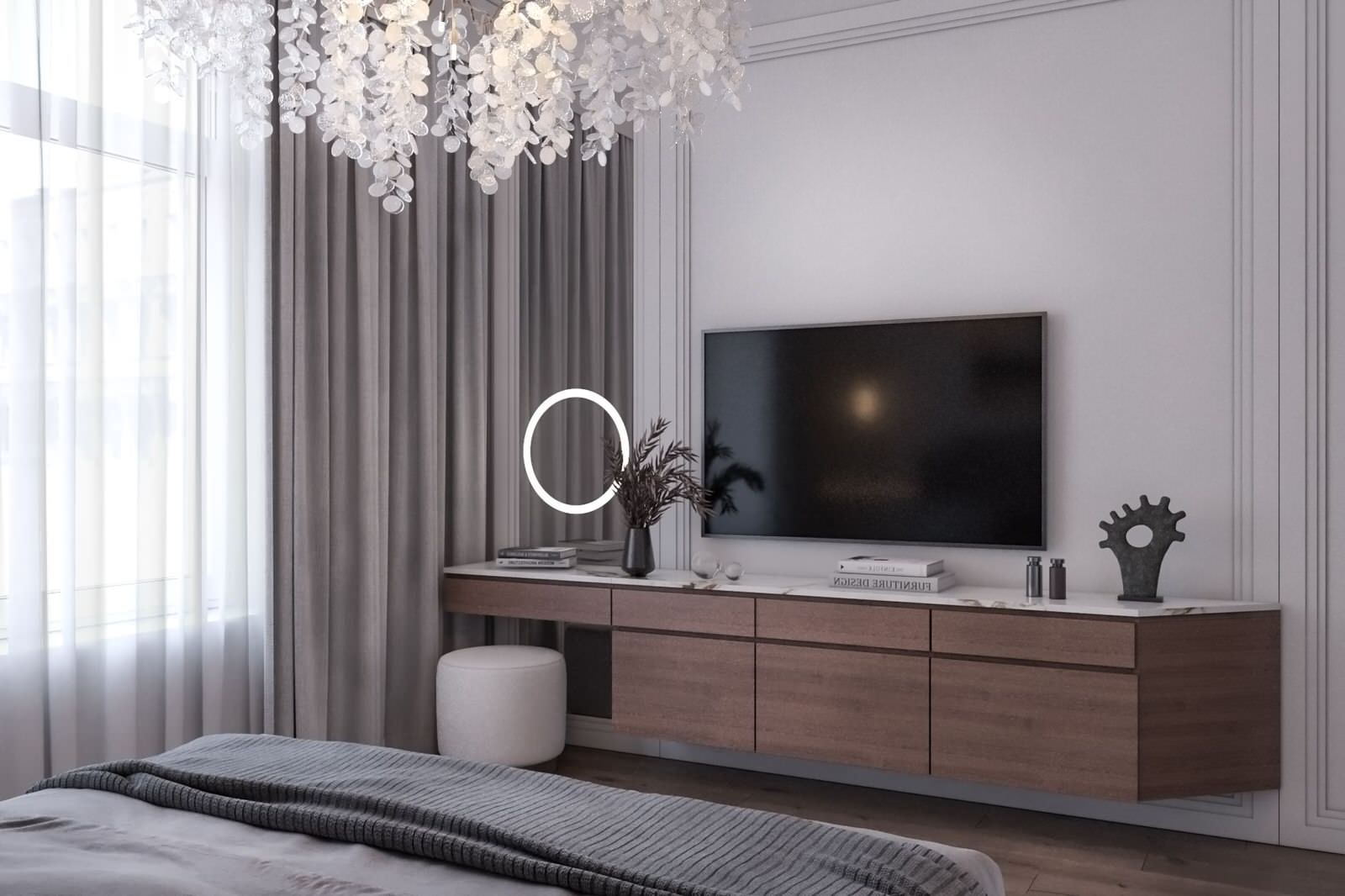 Спальня со стильной люстрой