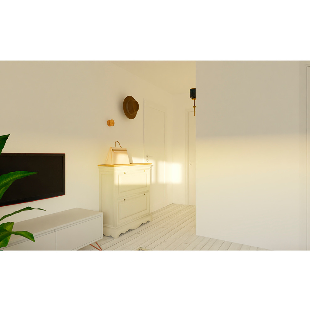 Свежая идея для дизайна: маленький коридор: освещение с белыми стенами, полом из ламината и серым полом для на участке и в саду - отличное фото интерьера