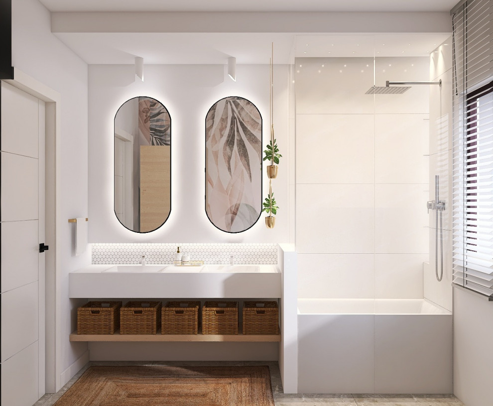 Свежая идея для дизайна: узкая и длинная ванная комната среднего размера в стиле модернизм с плоскими фасадами, светлыми деревянными фасадами, накладной ванной, душем над ванной, инсталляцией, белой плиткой, плиткой мозаикой, мраморным полом, душевой кабиной, накладной раковиной, столешницей из кварцита, серым полом, душем с раздвижными дверями, белой столешницей, тумбой под две раковины, подвесной тумбой и многоуровневым потолком - отличное фото интерьера