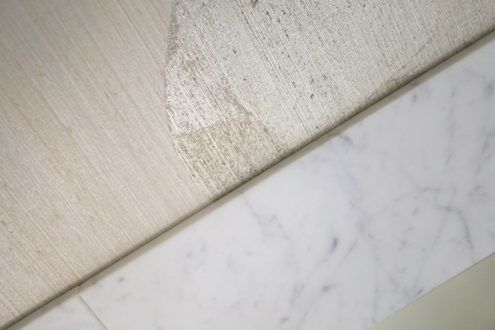 Inspiration for a mid-sized transitional l-shaped marble floor, white floor and exposed beam kitchen remodel in DC Metro with an undermount sink, shaker cabinets, white cabinets, quartzite countertops, white backsplash, quartz backsplash and stainless steel appliances