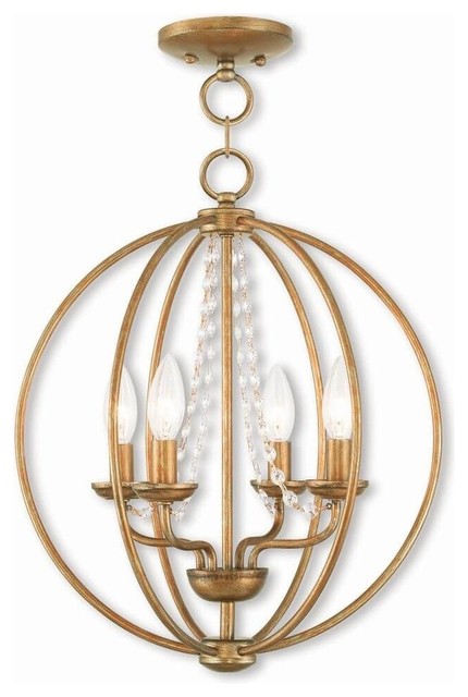 4 Light Antique Gold Leaf Convertible Mini Chandelier Ceiling Mount