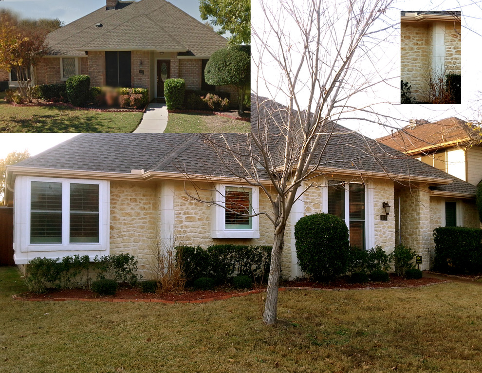 Photo of a traditional one-storey exterior in Dallas with stone veneer.