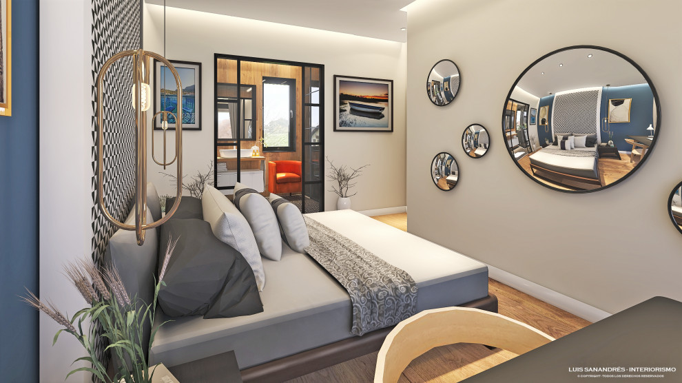 Modelo de dormitorio principal actual de tamaño medio con paredes blancas, suelo de madera en tonos medios y papel pintado