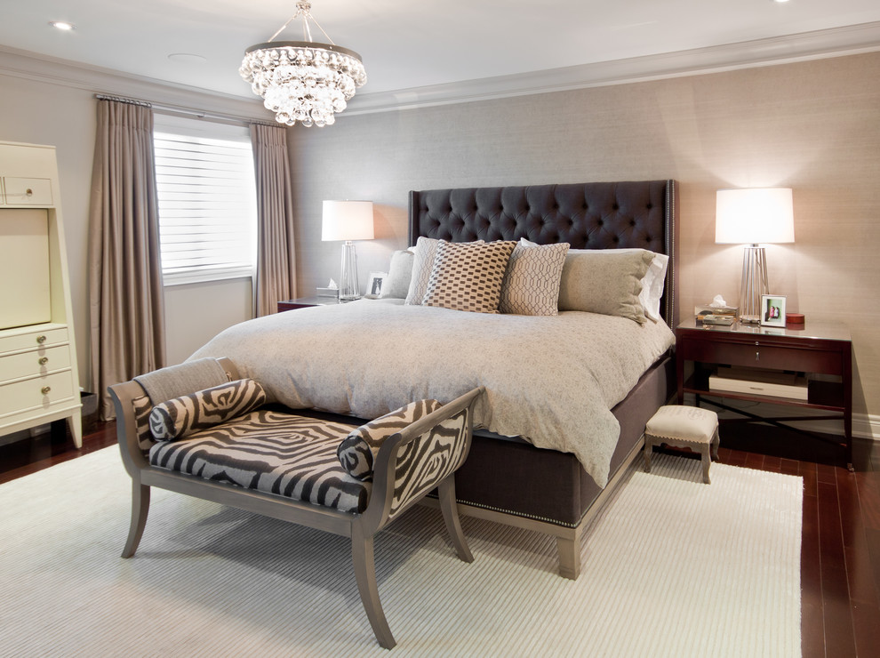 Inspiration for a transitional master bedroom in Toronto with dark hardwood floors, no fireplace and grey walls.