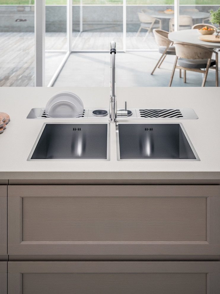 Mid-sized transitional eat-in kitchen photo with a double-bowl sink, shaker cabinets, beige cabinets, stainless steel appliances and an island