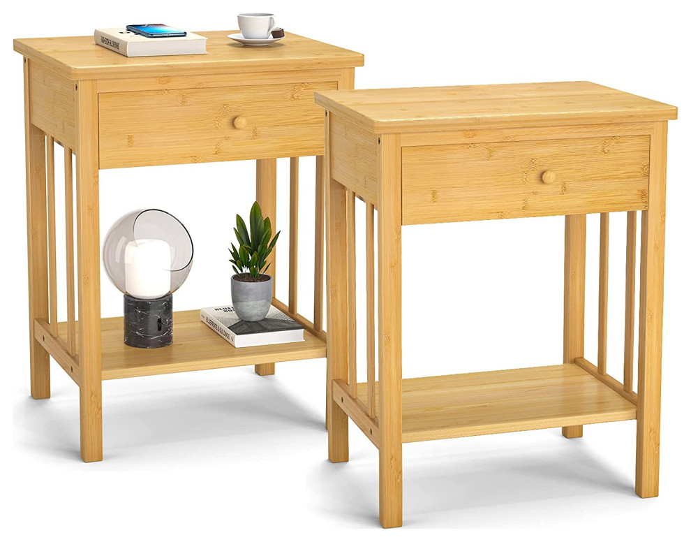 Nightstands Set of 2, Bamboo Nightstand Bedside Table with Drawer & Shelf -  Transitional - Nightstands And Bedside Tables - by Imtinanz, LLC | Houzz
