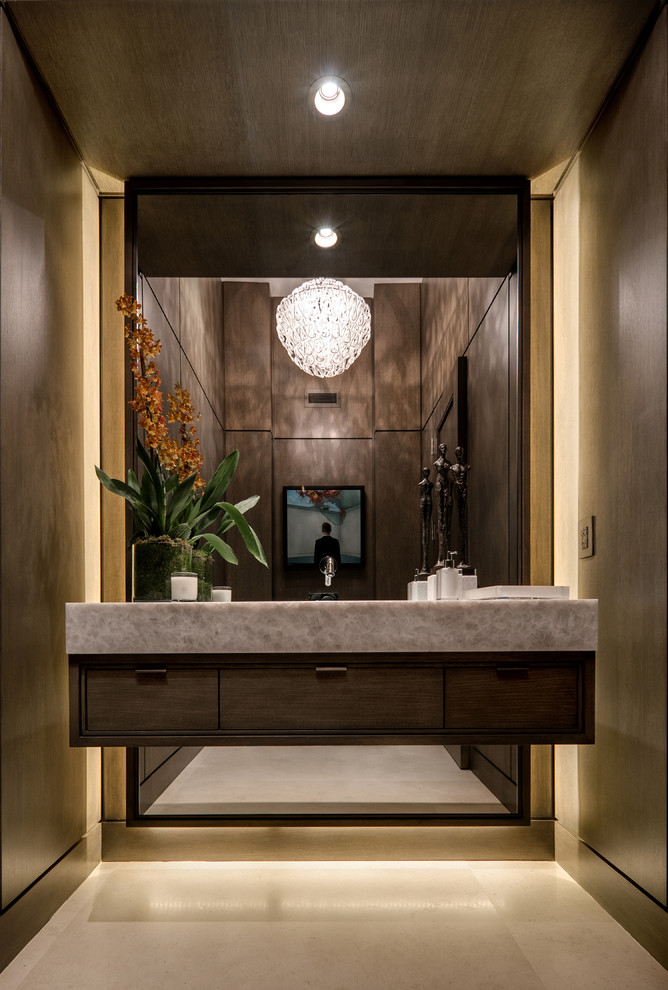 Inspiration for a contemporary powder room in Phoenix with flat-panel cabinets, dark wood cabinets and white floor.