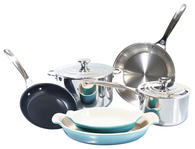 Le Creuset 8 Piece Tri-Ply Stainless Steel and Heritage Caribbean Cookware Set