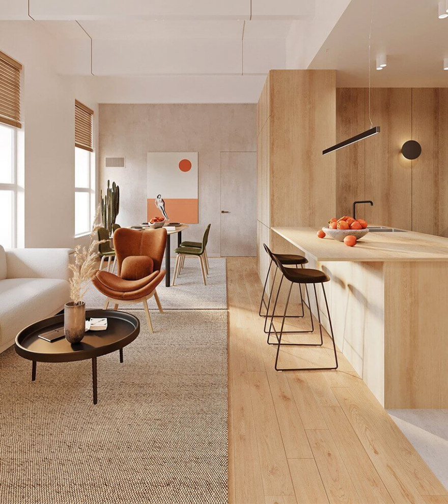 Стильный дизайн: парадная, открытая гостиная комната среднего размера в стиле модернизм с бежевыми стенами и мультимедийным центром - последний тренд