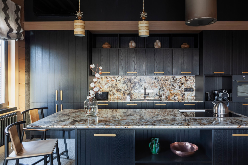 Inspiration for a large country galley eat-in kitchen in Moscow with a single-bowl sink, flat-panel cabinets, black cabinets, granite benchtops, multi-coloured splashback, granite splashback, stainless steel appliances, with island and multi-coloured benchtop.