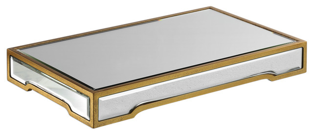 Midcentury Modern Mirrored Glass Gold Decorative Tray, Pedestal Retro Venetian
