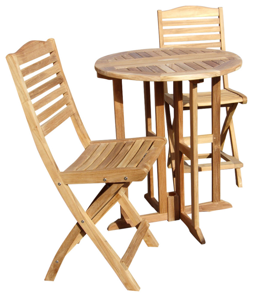 Teak 32" Round Folding Counter Table With 2 Folding Chairs