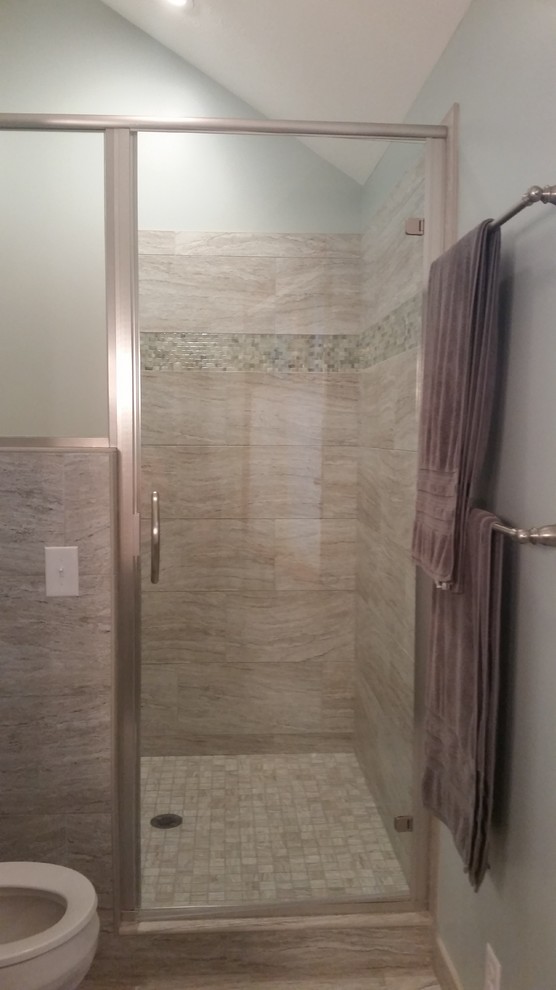 Large transitional master multicolored tile and porcelain tile bathroom photo with flat-panel cabinets, gray cabinets, blue walls, an undermount sink and quartz countertops