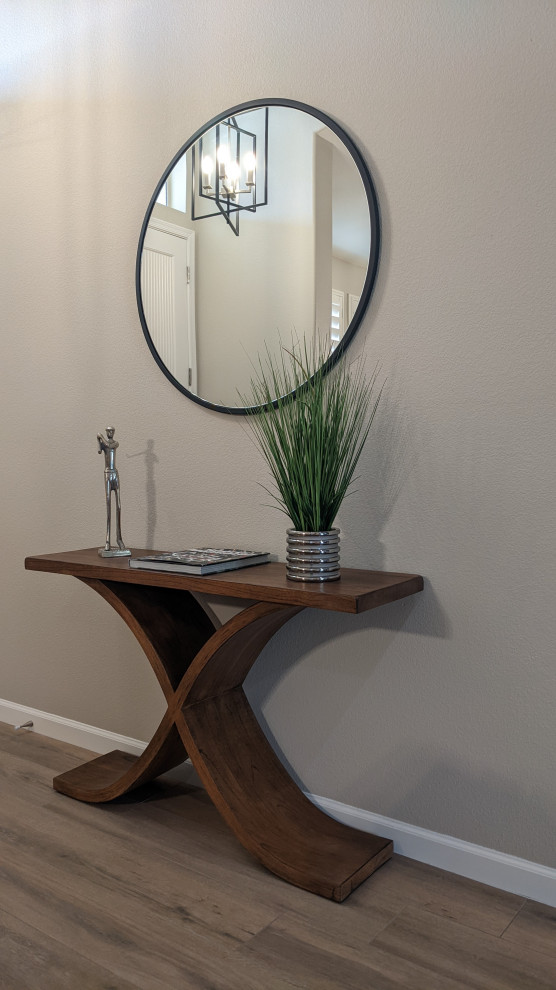 Inspiration for a mid-sized transitional porcelain tile and beige floor double front door remodel in Phoenix with beige walls and a white front door