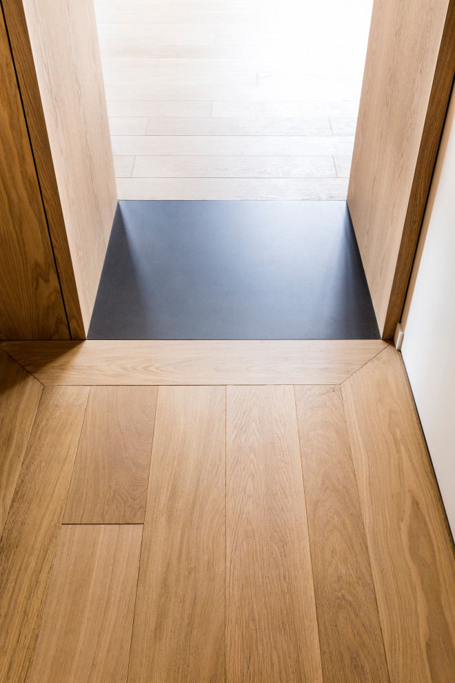 Idées déco pour un couloir moderne en bois de taille moyenne avec un mur blanc, parquet clair et un sol beige.