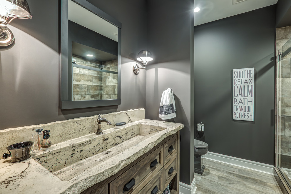 Design ideas for a large transitional kids bathroom in Other with furniture-like cabinets, distressed cabinets, grey walls, an integrated sink and granite benchtops.