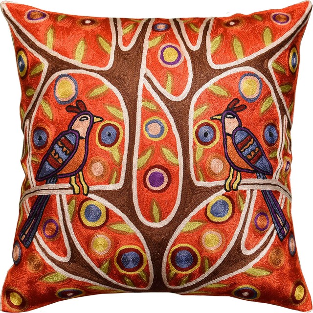 Folk Love Birds Tree Of Life Karla Gerard Red Toss Pillow Cover