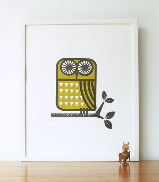 Roddy The Owl Screen-Print, Gray/Olive by Roddy & Ginger