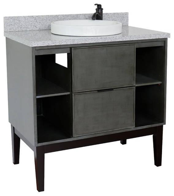 37" Single Vanity, Linen Gray Finish With Gray Granite Top And Round ...