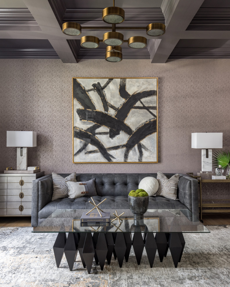 Photo of a transitional living room in Houston with coffered and wallpaper.