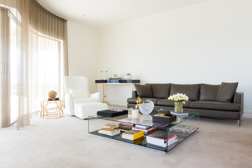 Inspiration for a mid-sized contemporary formal enclosed living room in Melbourne with white walls, marble floors, a ribbon fireplace, a concrete fireplace surround and a wall-mounted tv.