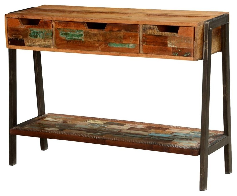 Painted Bricks Reclaimed Wood & Iron Hall Console w Drawers