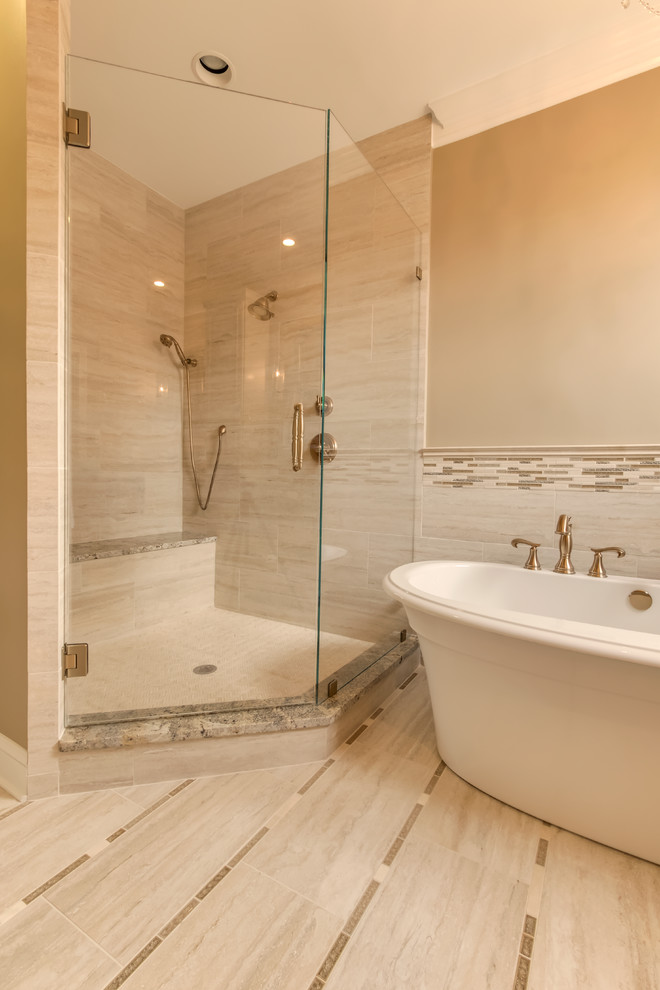 Large modern master bathroom in Other with louvered cabinets, distressed cabinets, a freestanding tub, an alcove shower, gray tile, white tile, matchstick tile, beige walls, porcelain floors, an undermount sink and granite benchtops.