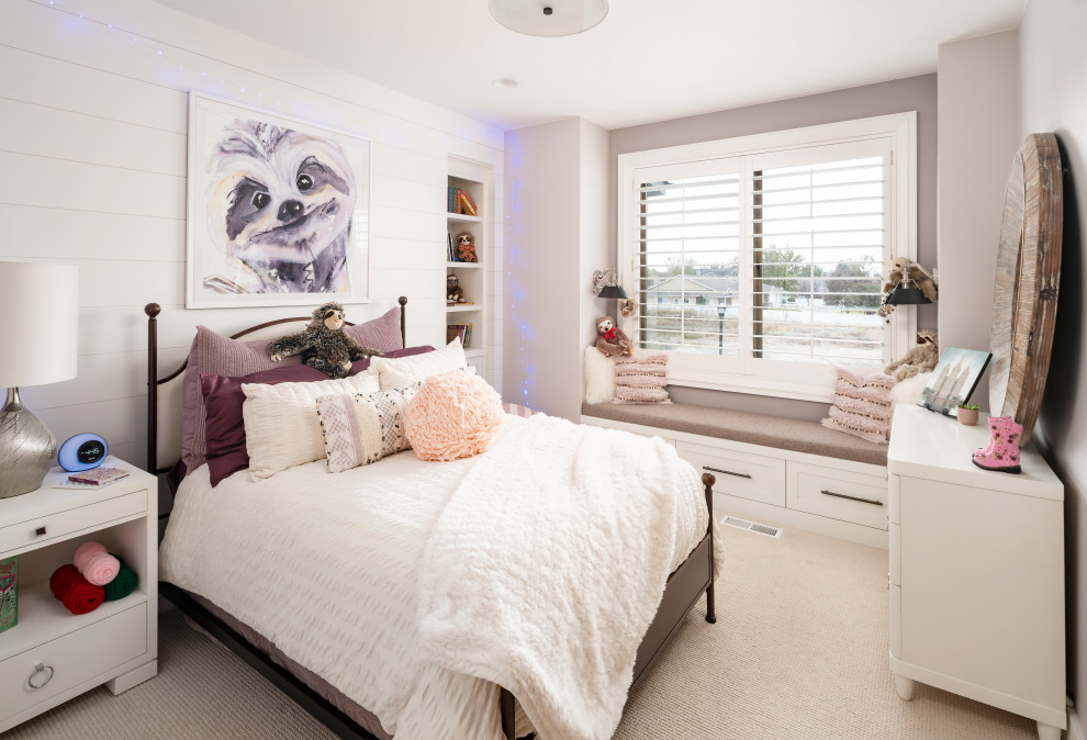 Inspiration for a large country kids' bedroom for girls in Salt Lake City with white walls, carpet and beige floor.