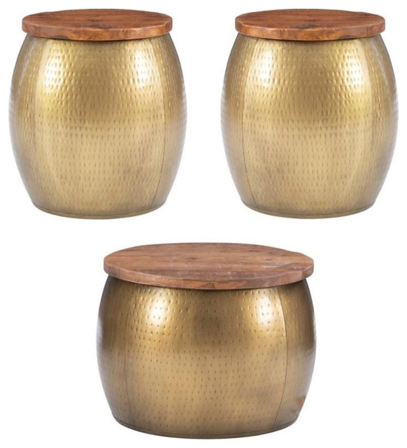 Home Square 3Piece Set with Drum Table and 2 Drum Side Tables in Gold