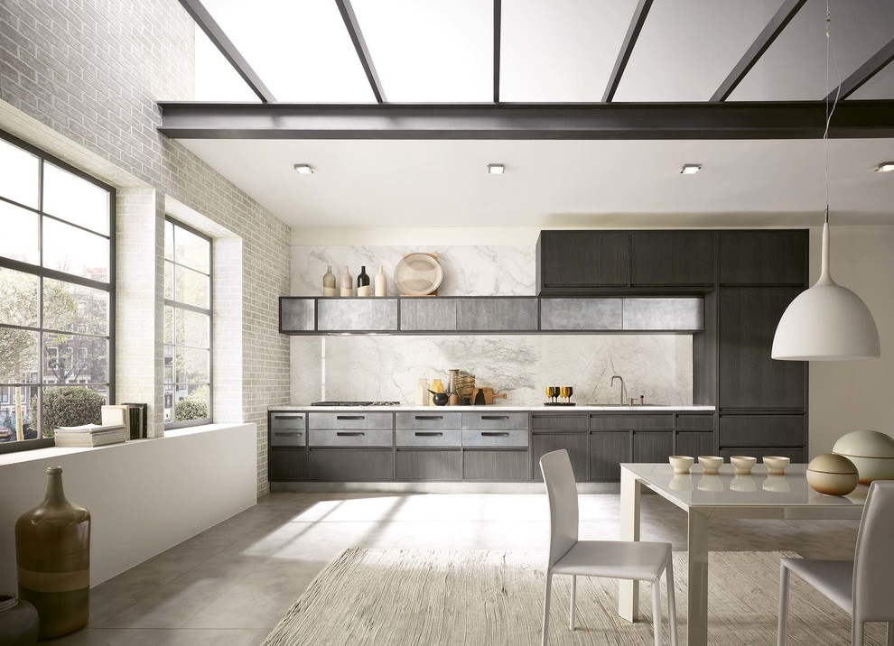 Example of a transitional single-wall eat-in kitchen design with flat-panel cabinets