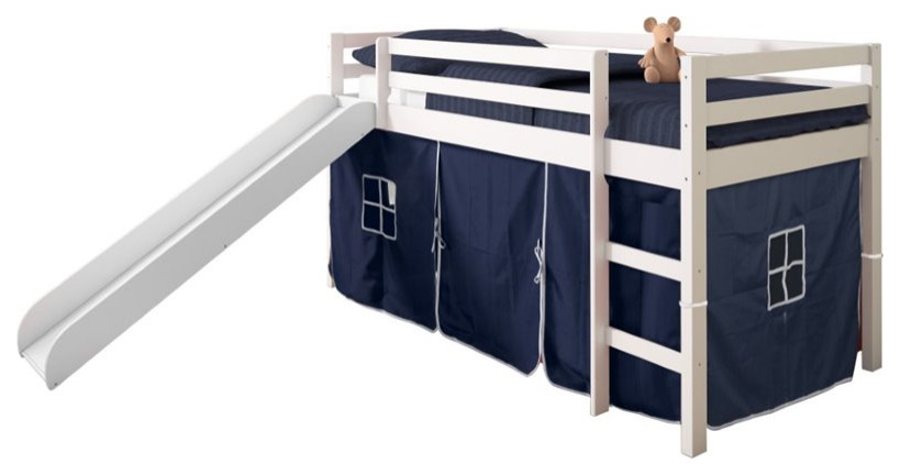 Donco Kids Twin Solid Wood Mission Low Loft Bed with Blue Tent in White